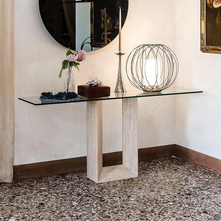 Table console en verre et marbre Diapason de Cattelan - structure en pierre Travertin