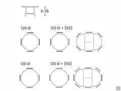 Schémas et dimensions de la table Biblos en version ronde, fixe et à rallonge