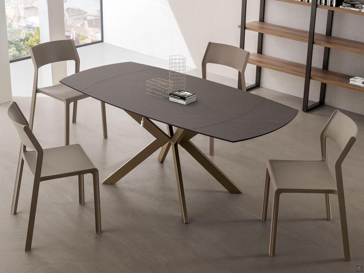 Table à rallonge 120x90 Vinci cm avec plan stratifié HPL Pietra Tobacco et base en métal bronze