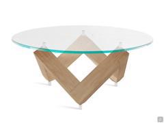 Table ronde avec piètement sculptural - plateau en verre transparent et piètement en chêne naturel