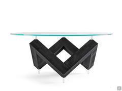 Table ronde avec pied central sculptural Even - plateau en verre transparent et pieden frêne teinté noir