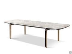 Table moderne en marbre Mirage de Cantori avec plateau rectangulaire arrondi de 300 cm, reconnaissable à la saillie du plateau par rapport aux pieds