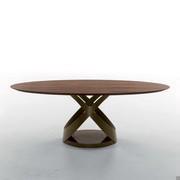 Table eliptique avec plan de travail en noyer canaletto, structure en métal laqué bronze pierre et base en marbre bronze Emperador brillant