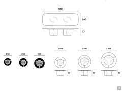 Table Mellow de Bonaldo - Schémas et Dimensions modèle à double base de cm 400 x 140 et des modèles ronds avec inserts pivotants en céramique 