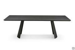 Table fixe avec base en voile Edwin. Plateau rectangulaire en essence bois teinté Frêne Noir et en métal peint Noir