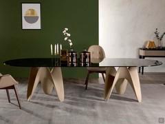 Table en verre avec socle modern Gaya, dans sa version ovale avec deux socles