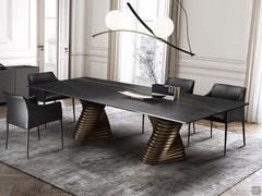 Table de séjour Vortex cm 300 x 120 en céramique Portoro opaque et double base en métal verni bronze