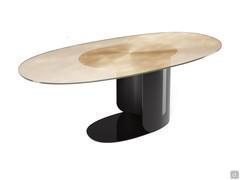 Table en verre doré transparent Phantom finition Golden Mesh et pied en Gloss Black, l'une des deux finitions brillantes disponibles dans le catalogue des métaux