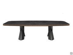 Table Mad Max de Cattelan avec plateau en bois olmo laqué a  pore ouvert noir avec bord en métal verni brushed bronze