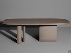 Table en forme de tonneau design entièrement en argile talochée Padiglioni de Bonaldo, une finition spéciale hautement matiérée