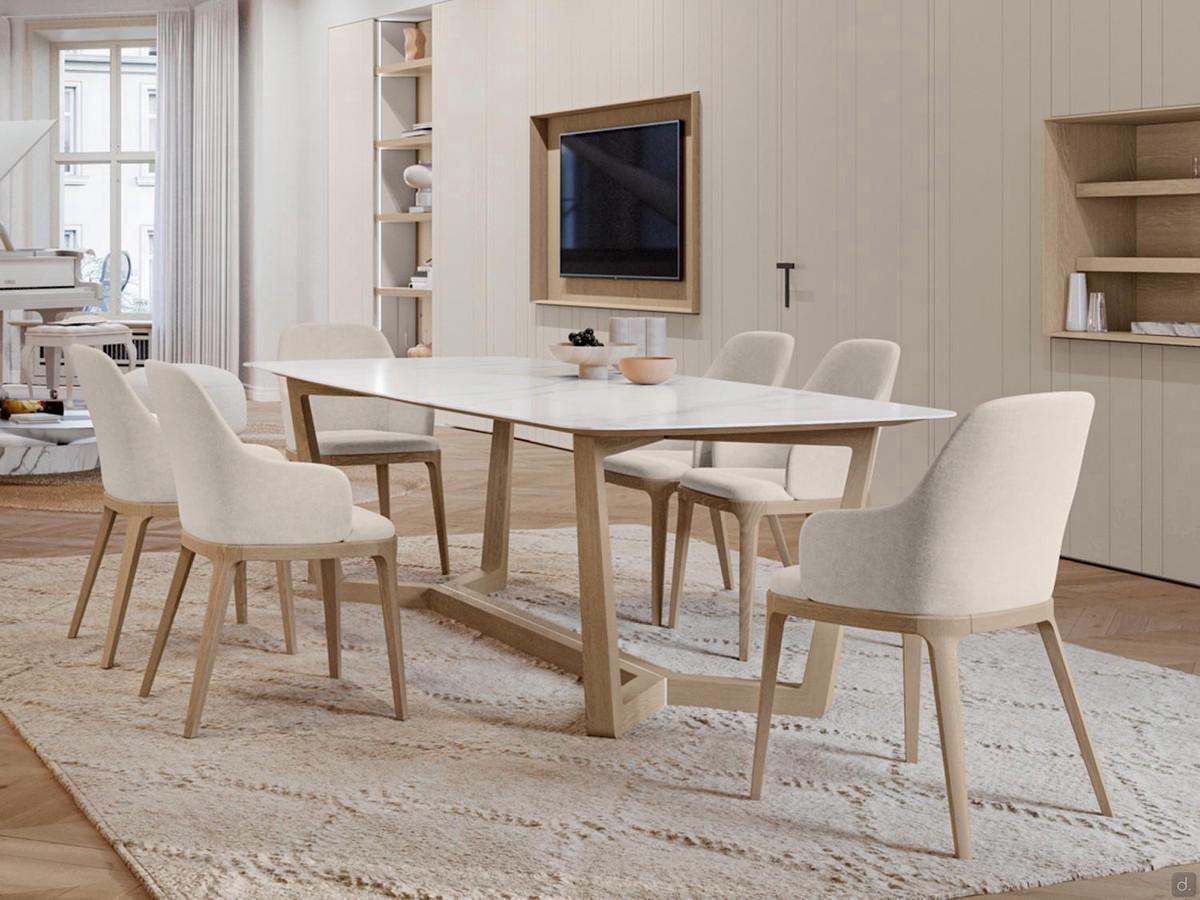 Table en grès cérame et pied en bois Pearl, également disponible avec plateau en verre transparent extra-clair