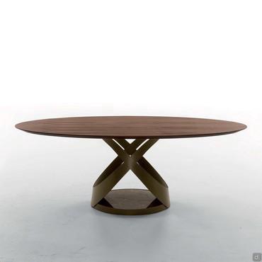 Table eliptique avec plan de travail en noyer canaletto, structure en métal laqué bronze pierre et base en marbre bronze Emperador brillant