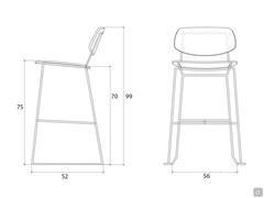 Tabouret haut en métal Chloe avec assise en bois non rembourrée - Schéma et Dimensions