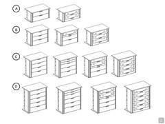 Modelli cassettiere: A) a 2 cassetti con frontali lisci o in vetro fumè - B) 3 cassetti lisci o in vetro fumè C) 4 cassetti lisci, con cassetti superiori piccoli, o in vetro fumè D) 5 cassetti lisci, superiori piccoli o in vetro fumè