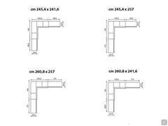 Dimensioni complessive e suddivisione interna degli armadi angolari scorrevoli Wide con profondità ridotta di 44,6 cm