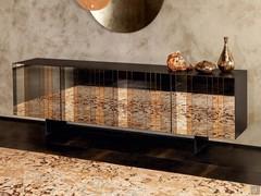 Credenza con ante in vetro specchio bronzo e fumé Diva nella versione a 4 ante. Disponibile anche con 3