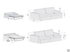 Divano letto Kansas - Schemi dimensionali dei modelli con e senza gonna in tessuto, che condividono le stesse misure