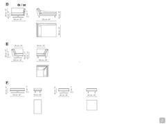 Schemi dimensionali divano in tessuto con meridienne Skid di Bonaldo: D) chaise longue E) angolo F) pouf