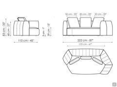 Divano componibile con moduli esagonali Panorama New - Schemi e dimensioni dell'elemento terminale, disponibile sia con bracciolo a sinistra che a destra