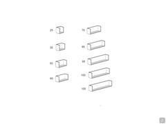 Schemi e dimensioni per la Mensola con Schienale Atlantic / Frame - larghezza da cm 25 a 105, profondità da cm 20,8 fino a cm 50 con altezza fissa cm 25