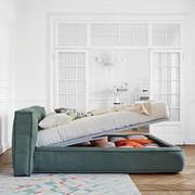 Letto imbottito Fluff di Bonaldo con box contenitore aperto