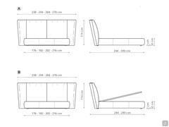 Modello e Dimensioni del letto matrimoniale con testiera soffice Youniverse di Bonaldo: A) senza box contenitore B) con box contenitore