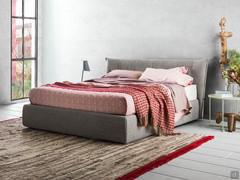 Letto imbottito rivestito Panama, con giroletto alto con box contenitore