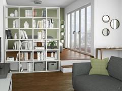 Libreria bifacciale laccata Almond p.32,8 in laminato base bianco