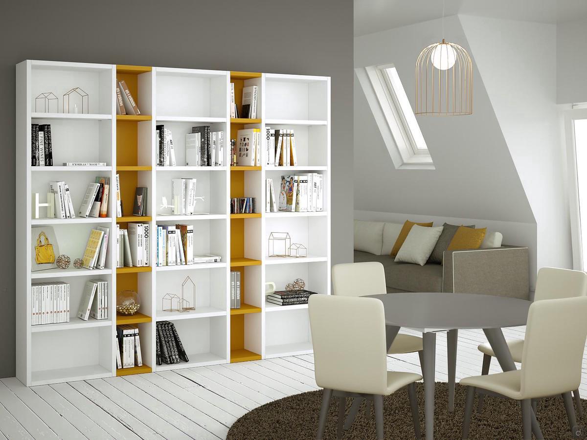 Libreria componibile laccata Almond p.32,8: cm 243 (moduli 60+30+60+30+60) h.232 cm