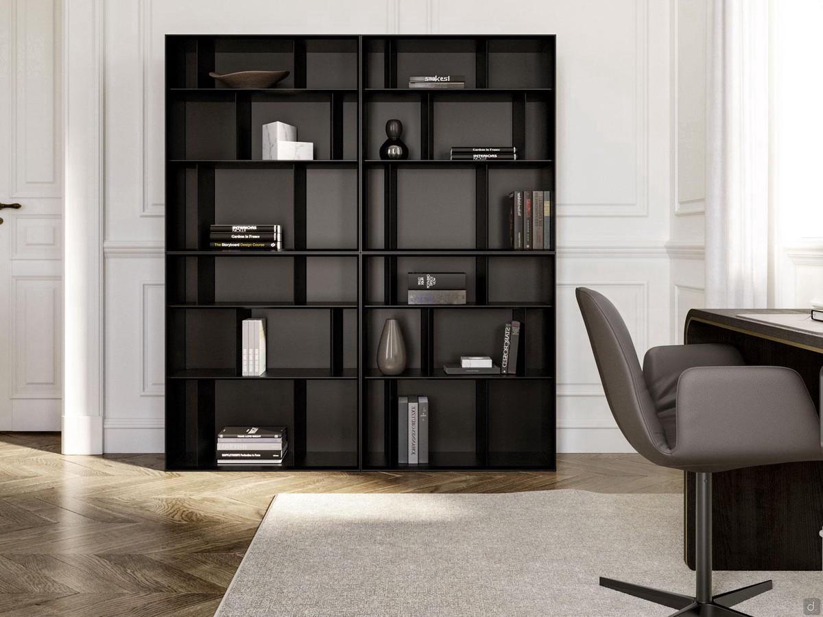 Libreria laccata con divisori metallici Maddie nella colorazione nero e nella configurazione 3 da cm 160 p.35 h.190 composta da 4 moduli A 