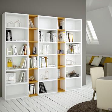 Libreria componibile laccata Almond p.32,8: cm 243 (moduli 60+30+60+30+60) h.232 cm