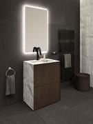 Mobile bagno Etoile con base con cestoni fino a pavimento in Rovere Termocotto, top e fianco sinistro in HPL Palladio con piedini a scomparsa