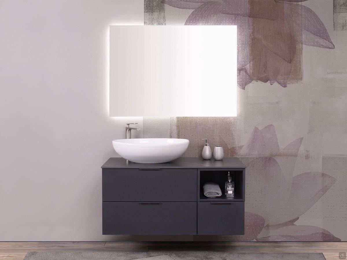 Arredo bagno con lavabo in appoggio N95 Atlantic, una composizione semplice impreziosita dal piano in gres Negro Natural