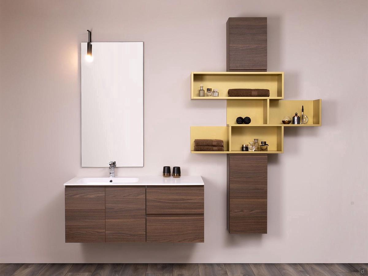 Mobile bagno sospeso con lavabo consolle N96, completo di specchiera, faretto LED e composizione con pensili ed elementi a giorno