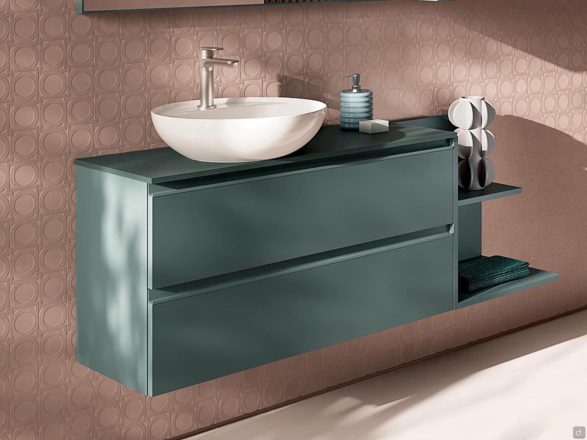 Mobile bagno a profondità ridotta con lavabo in appoggio Atlantic, qui in versione due cassetti h.25 cm ciascuno, completato da un lavabo Form45 e da un elemento a giorno laterale