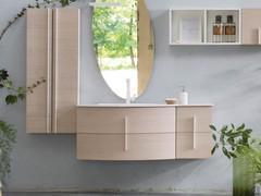 Mobile bagno curvo Atlantic in finitura legno essenza 836 Rovere Riso (finitura non disponibile): il proseguimento del lavabo sulla base laterale Atlantic (anziché sul terminale curvo) è disponibile su richiesta