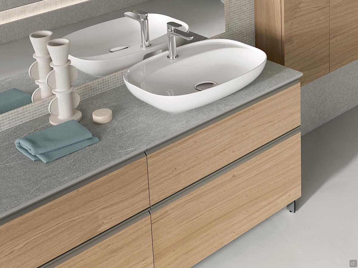 Mobile lavabo profondo 50 cm Atlantic con frontali in legno impiallacciato 838 Rovere Raw e top in stratificato HPL Friuli