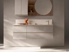 Mobile bagno con lavabo ad incasso Atlantic con posizionamento sospeso a parete. Si compone di  base portalavabo da cm 95 e base da cm 50 sulla sinistra, entrambe a due cassetti con apertura mediante profilo metallico ad "L"