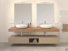 Mensolone da bagno Duetto cm 225 p.50 in legno impiallacciato Rovere Tinto Naturale con doppio lavabo da appoggio