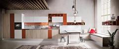 Cucina moderna bianca e legno Six 08 con top laminato effetto metallo corten