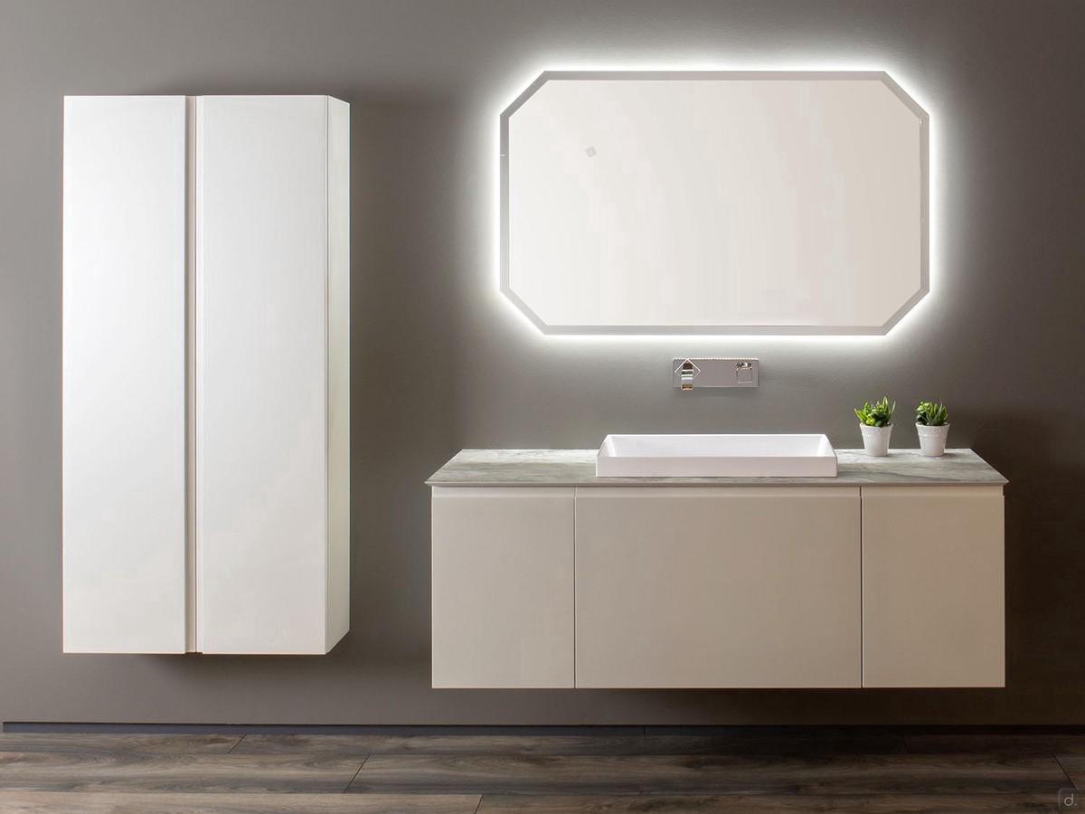 Composizione bagno N69 Atlantic outlet con basi ad ante e cestone, colonna sospesa e specchiera sagomata