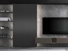 Pannello Boiserie in pietra ceramica Laminam Grey con mensole in rovere vissuto 