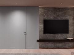 Boiserie per tv con illuminazione integrata Lounge: mensolone spessore 12 cm impiallacciato rovere fumo.