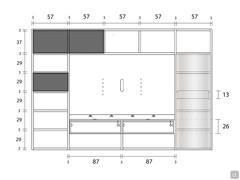 Schema della versione A da 303 cm della parete attrezzata Way 27, con quote dedicate (a dx) per il cassetto interno e le basi sospese.