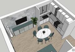 Progettazione 3D living con cucina e zona giorno