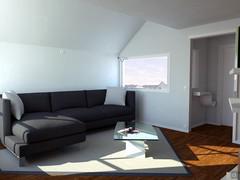 Progettazione 3D Open Space - render zona divano