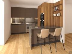 Render cucina su misura in laccato, laminam e legno impiallacciato