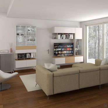 Progetto per soggiorno bianco e legno chiaro - render