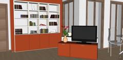 Progettazione 3D Open Space - particolare porta Tv e libreria