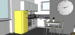 Progettazione 3D Open Space - vista cucina e frigo free standing